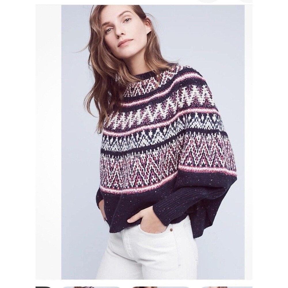 Anthropologie Sleeping on Snow Poncho Midland Sweater Xs/S Fair Isle Pattern